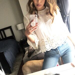 ZARA Floral Embroidered 3/4 Blouse Top S Lace Trimmed Eyelet Ivory Cream White